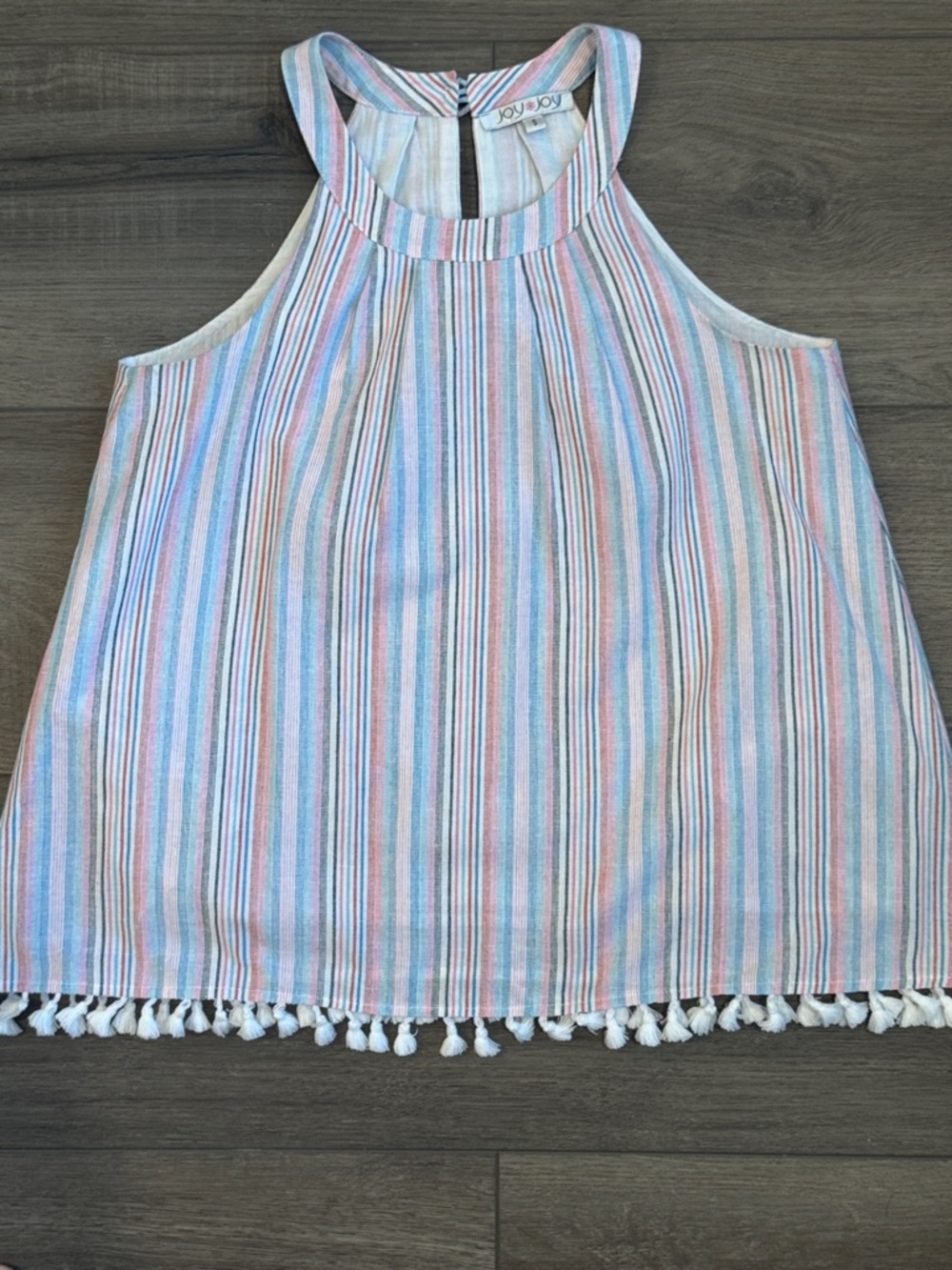 Joy Joy Striped Tassel Hem Tank Top in Blue, Pink, White